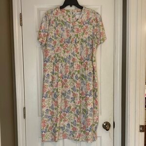 Cream Floral Midi Dress with Pink & Blue Blooms